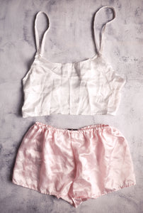 Crop Top Satin pajama L/XL white & Pink